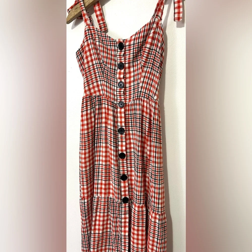 Urban Outfitters Red Plaid Gingham Midi Dress Small Linen Button Smocked Picnic - Picture 5 of 10